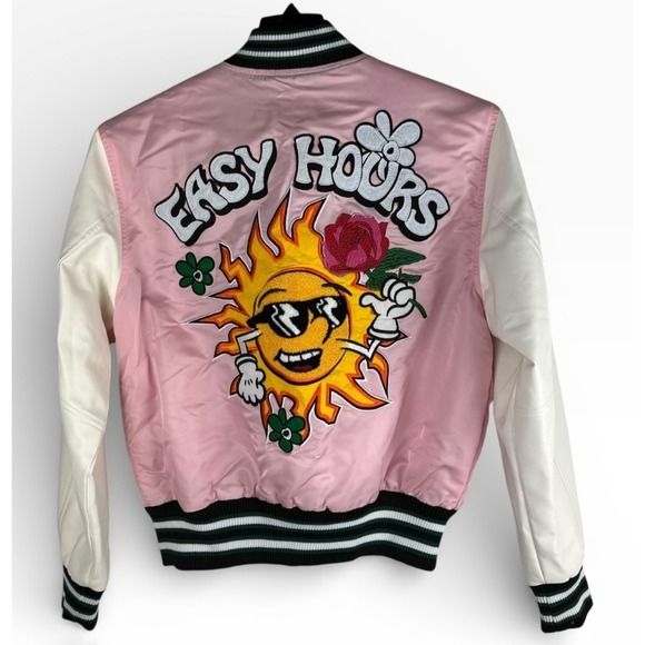 First Row Easy Hours Varsity Letter Contrast Patch Bomber Jacket Snap Pink Small - Picture 13 of 16